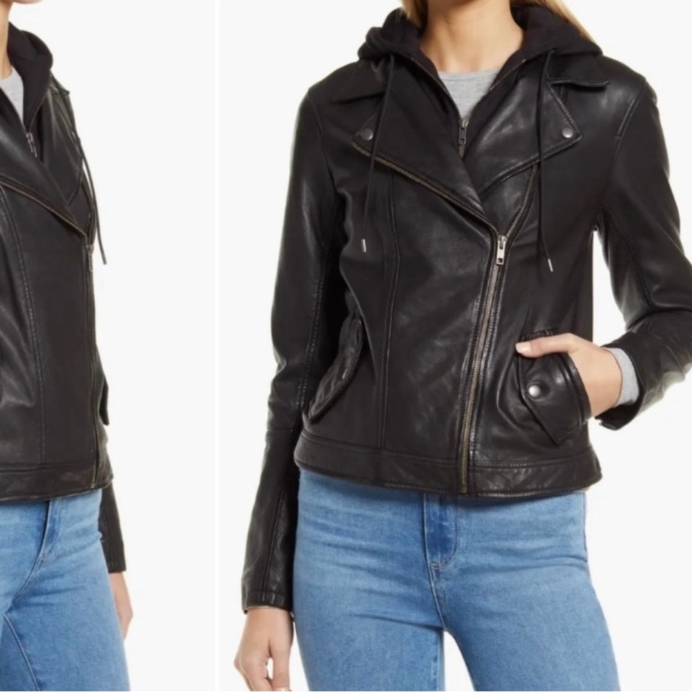 Caslon Genuine Leather Moto Jacket with Removable Hood
